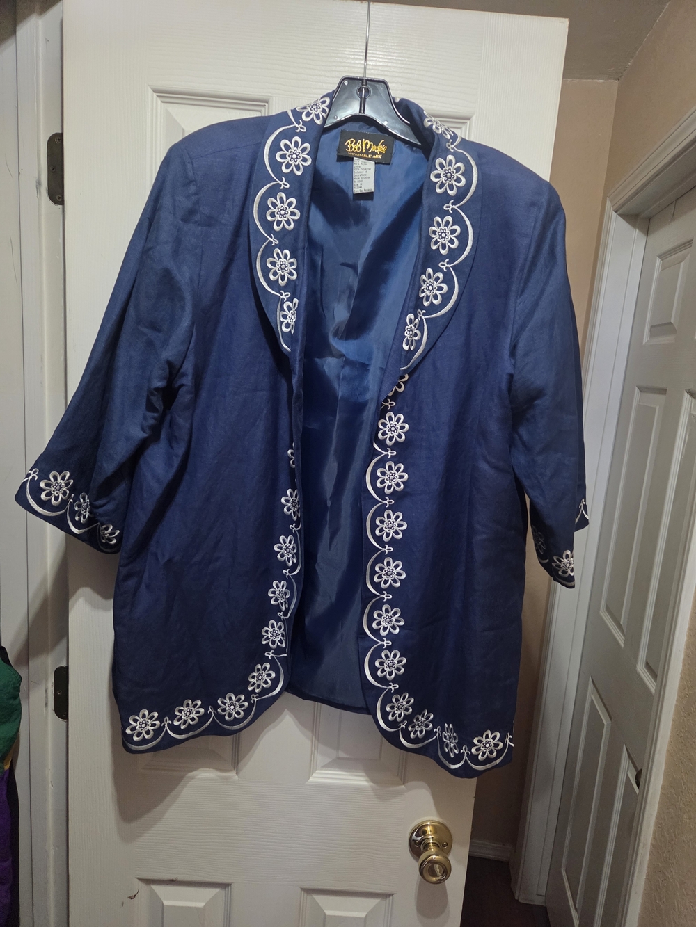Bob Mackie Navy Blue Floral-Trim Open Front Blazer